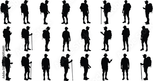 Silhouettes of male hikers with backpacks – trekking and adventure poses for outdoor, camping, travel, and exploration design projects