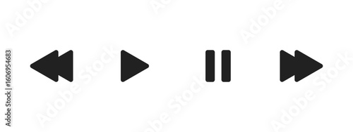 Play icon. Media player controls with rewind, play, pause and forward buttons vector illustration. Universal music or video navigation symbol. Interface playback UI sign. Minimal control pictogram.