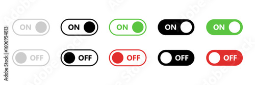 Toggle switch icon. On and off buttons in various styles for user interface vector illustration. Interactive control element for settings and mobile apps symbol. Digital UI design sign.