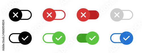 Toggle button icon. On and off switch with check mark and cross vector illustration. Interface control for enabling or disabling options symbol. Mobile and web UI settings sign.