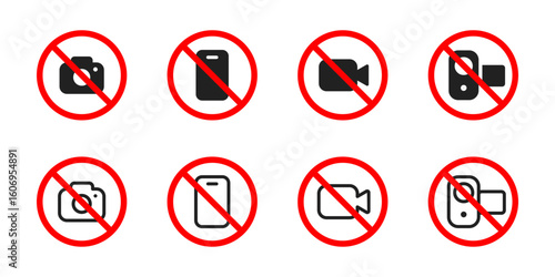 No camera icon. Prohibited photography and video recording devices vector illustration. Security and privacy restriction symbol. Warning sign for forbidden media use pictogram.