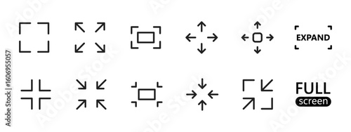 Fullscreen icon set. Expand and minimize screen view with directional arrows vector illustration. Resize and adjust display symbol. Zoom control sign. Screen mode adjustment pictogram.