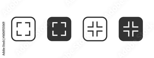 Expand icon. Full screen or collapse screen view inside rounded square button vector illustration. Toggle display size. Switch between maximize and minimize mode sign. Screen adjustment pictogram.