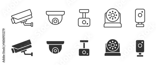 CCTV icon set. Different types of surveillance cameras for security and monitoring vector illustration. Safety, control and video surveillance system symbol. Smart home, office or public area CCTV.