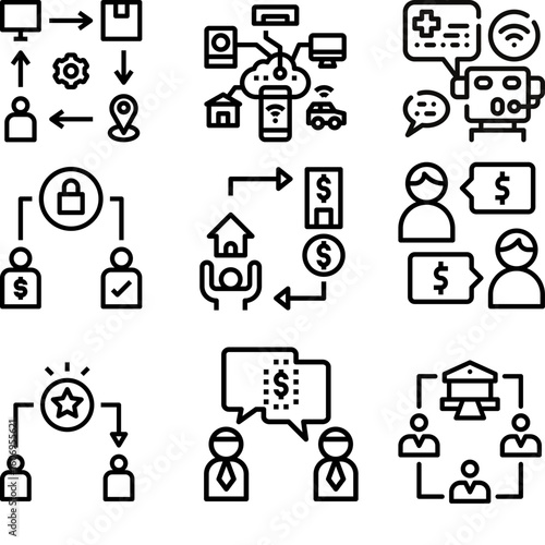 Vector line icon set illustrating digital transformation, finance, IoT, and business process concepts.