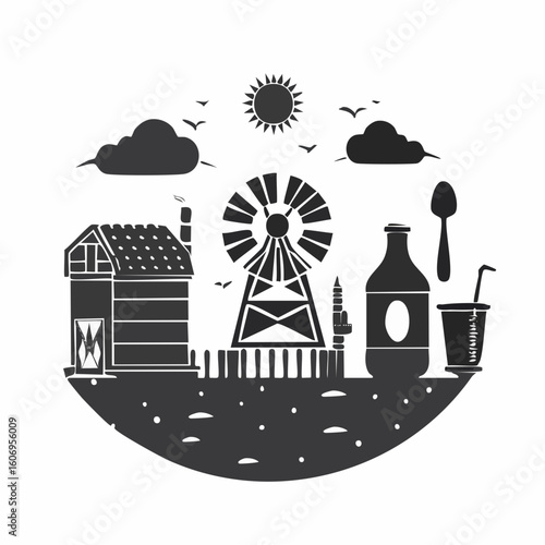 Charming farm silhouette captures idyllic rural life with windmill, barn, and refreshing beverages