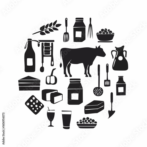 Farm fresh bounty silhouette showcasing cow, dairy, and harvest elements for healthy living concepts