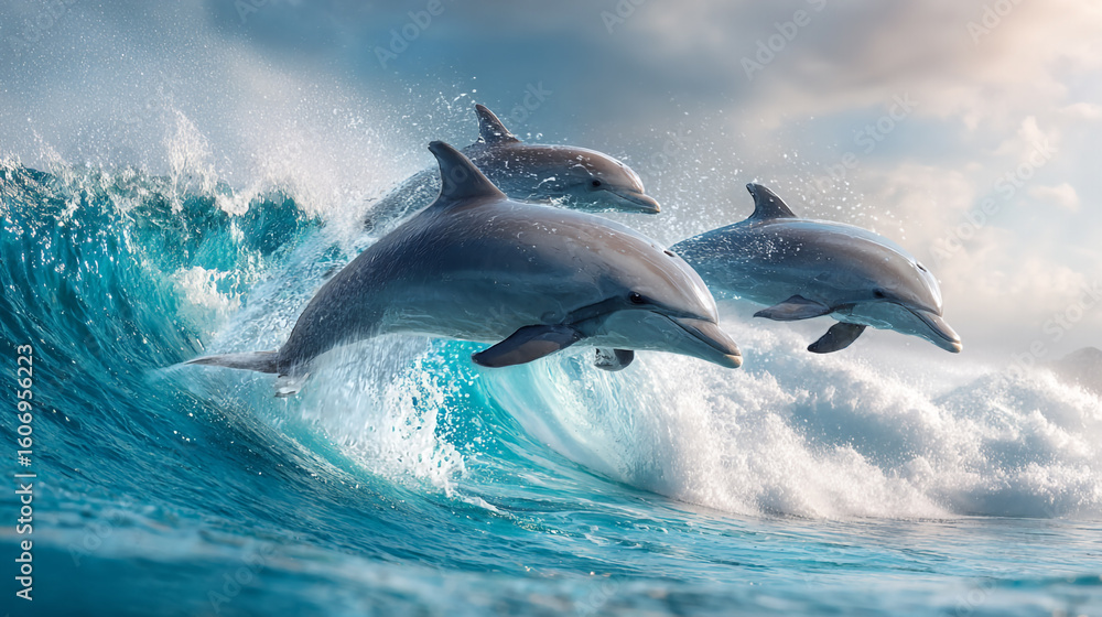 Fototapeta premium Three Dolphin Leaping From Ocean Wave Wildlife Aquatic Mammal Animal