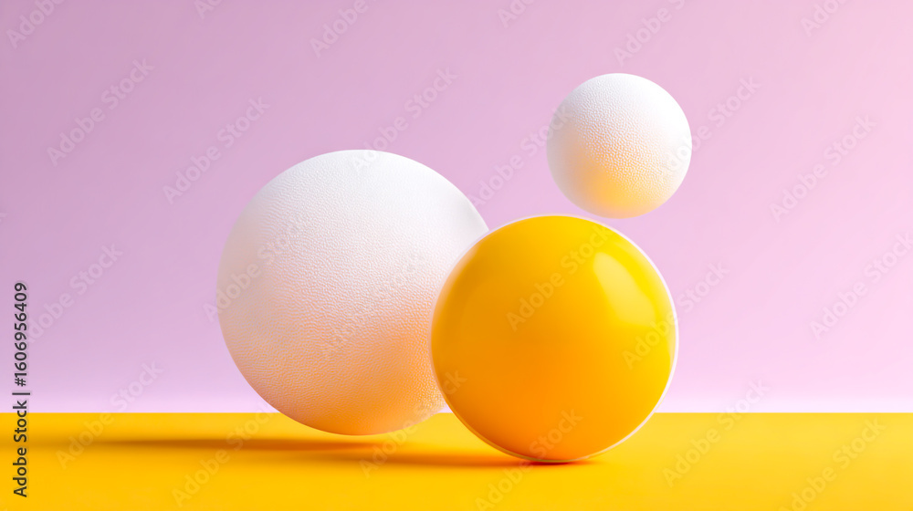 Fototapeta premium 3D rendering of three white and yellow spheres floating on a flat background