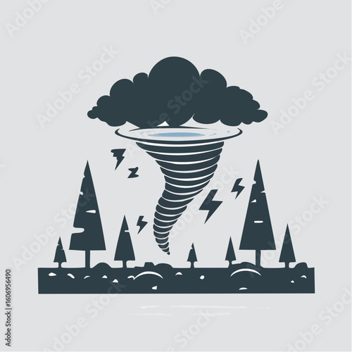Dramatic tornado silhouette with lightning strikes and stormy clouds over a forest landscape