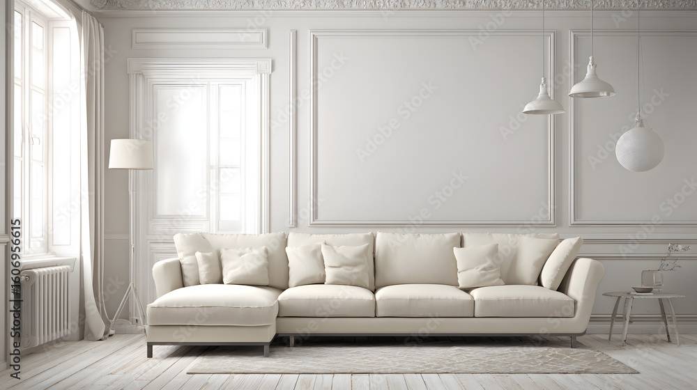 Fototapeta premium Contemporary living room with clean-lined furniture and neutral tones, soft ambient lighting.