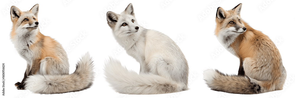 Fototapeta premium Set For Three foxes are sitting isolated on transparent background