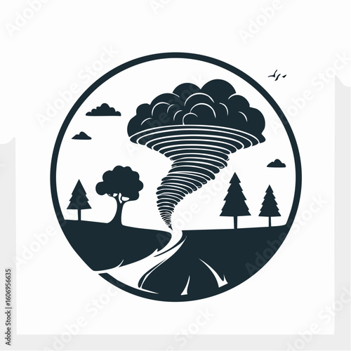 Powerful tornado silhouette raging through landscape with trees and clouds evoking natural disaster