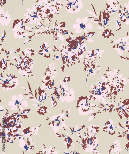 Purple and orange flowers on a white background, light colors, soft. watercolor flower seamless pattern. Watercolor print in rustic vintage style, textile or wallpaper.