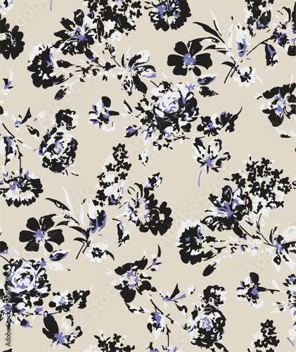Purple and orange flowers on a white background, light colors, soft. watercolor flower seamless pattern. Watercolor print in rustic vintage style, textile or wallpaper.