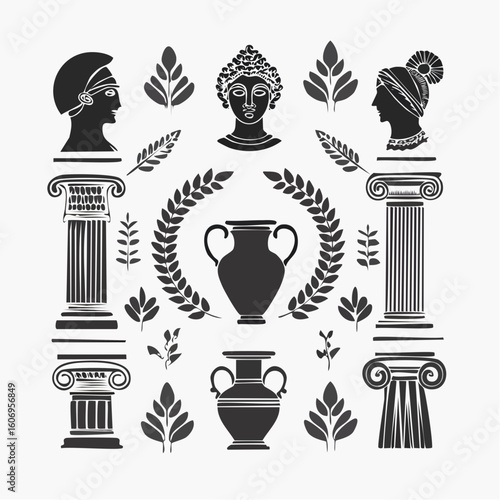 Elegant Greek silhouette elements featuring columns, amphorae, busts, and laurel wreaths for classic design