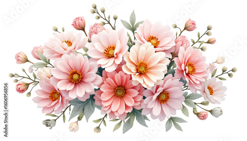 Floral Arrangement with Pink Flowers and Buds Against Transparent Background