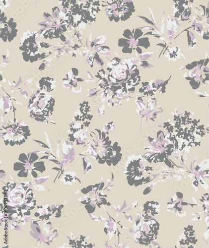 Purple and orange flowers on a white background, light colors, soft. watercolor flower seamless pattern. Watercolor print in rustic vintage style, textile or wallpaper.