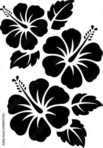 Black hibiscus flowers and leaves decorative arrangement floral tropical