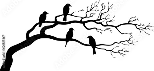 Black silhouettes of birds perched on a bare tree branch vector