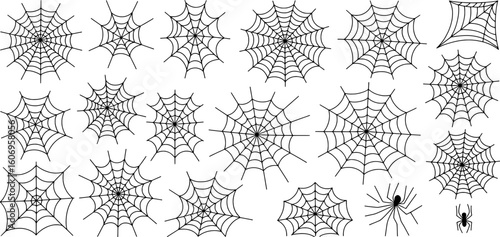 Black spiderwebs and spiders on white background arachnid