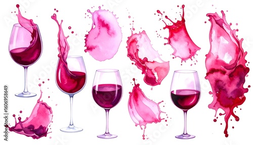 Watercolor illustration of wine glasses with splashes