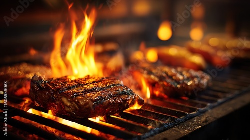 flames licking the sides of grilling meat