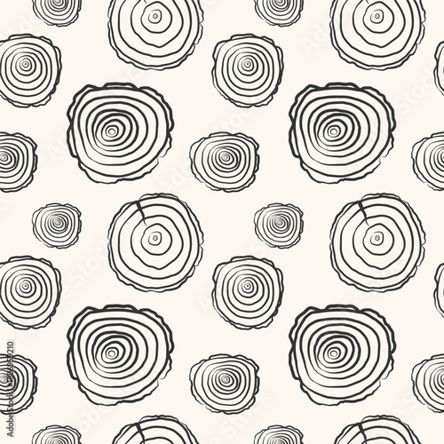 Seamless repeating background with wood, round rings of Wooden saw cut woodworking. Abstract rapport with trees discs, lumber round mouldings birch, ash, oak. Vector illustration for design, textile
