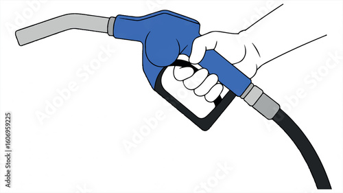 Line art illustration of a blue gas pump nozzle held by a gloved hand