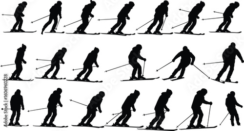 Skiing silhouette collection – winter sports skiers in motion with ski poles, vector set of black silhouettes for graphic design