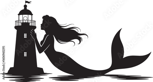 Silhouette of a Mermaid Leaning on a Lighthouse at Sea, Black and White Vector Illustration