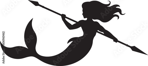 Silhouette of a Mermaid Warrior Holding a Spear, Black and White Vector Illustration