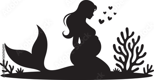 Silhouette of a Pregnant Mermaid with Hearts and Coral Reef in the Ocean Depths Vector