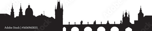 Prague Cityscape Silhouette Vector Illustration with Famous Landmarks and Bridge