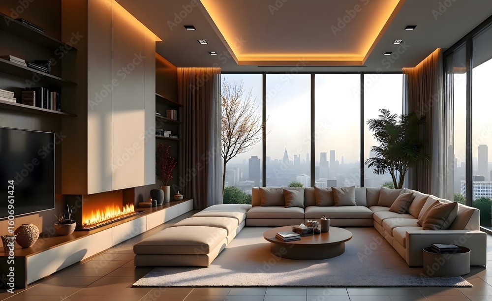 Fototapeta premium A modern living room featuring a couch, coffee table and a television in a bright indoor space with clean and organized interior arrangement