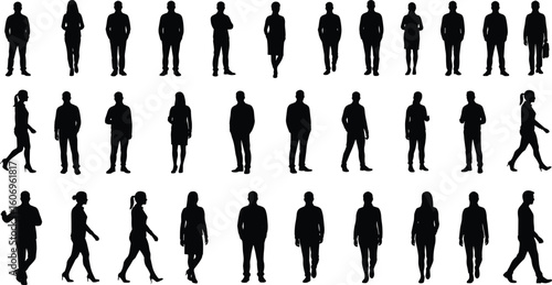 Silhouette vector set of men and women standing, walking, posing, business casual people, office team, human figures collection