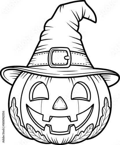 Jackolantern wearing witch hat with buckle and leaves halloween pumpkin