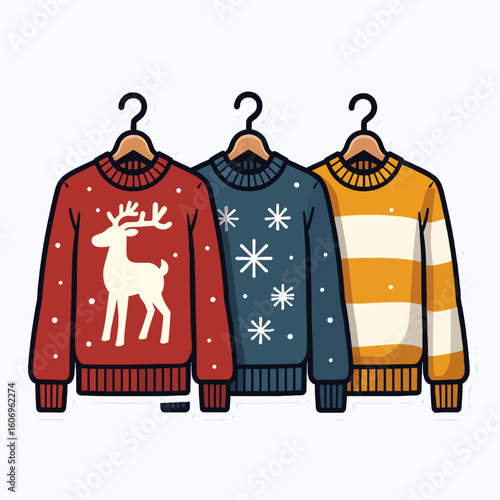 Three red, blue, and yellow sweaters hanging on a rack