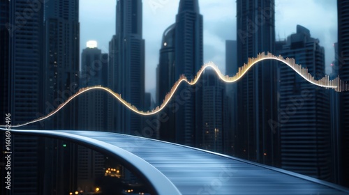 Urban Skyline with Amplifying Sound Wave Over Futuristic Bridge