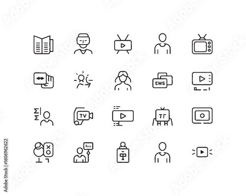 Editable Mass Media Vector Line Icon Set – Journalism, News, TV Shows, Interviews, Reports & More. Vector Illustration.
