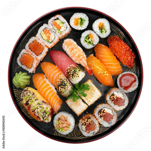Sushi plate top view full length on transparent background