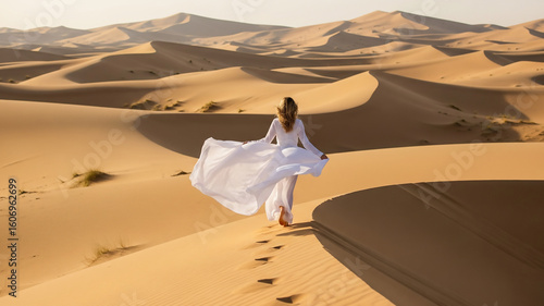 Fototapeta Naklejka Na Ścianę i Meble -  Woman in dress over wind-shaped sand dunes. elegant woman outdoors and fashion shoot.