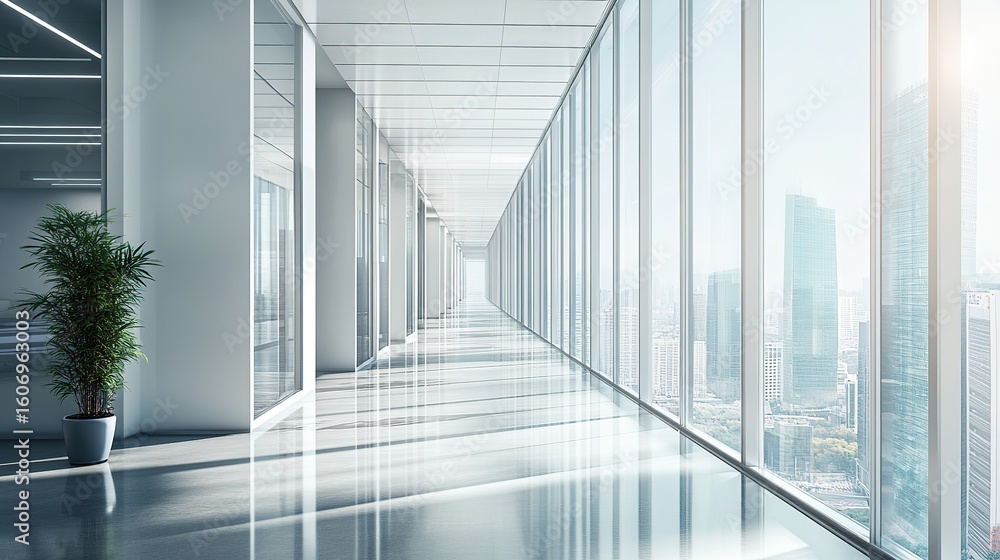 Obraz premium A modern office hallway with large glass windows showing a cityscape outside, natural daylight streaming in