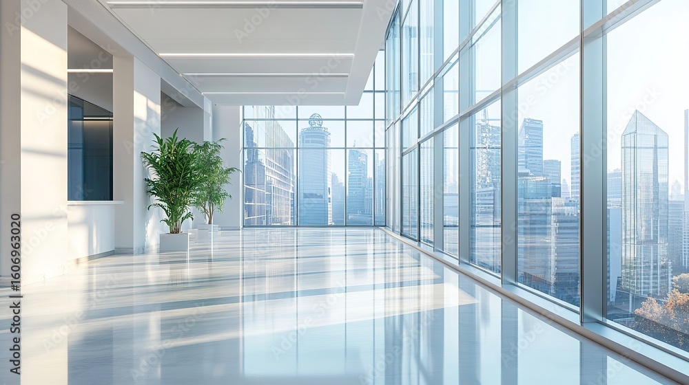 Obraz premium A modern office hallway with large glass windows showing a cityscape outside, natural daylight streaming in