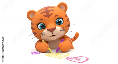 Cute cartoon tiger cub drawing with crayon