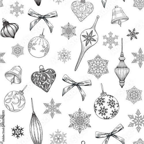 Christmas Vintage seamless pattern with toys, bow, snowflakes, bells, balls. Black white Hand drawn illustration. Vector background for design package, holiday, wrapping paper, decor new year