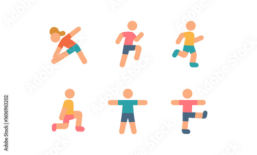 Flat style infographic icons of diverse exercise poses for fitness and health