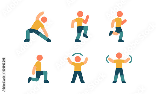 Colorful flat style exercise icons: fitness and workout poses collection