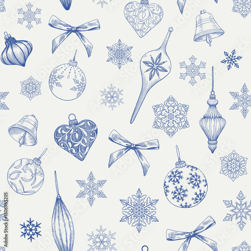 Christmas Vintage seamless pattern with toys, bow, snowflakes, bells, balls. Blue beige Hand drawn illustration. toile Vector background for design package, holiday, wrapping paper, decor new year
