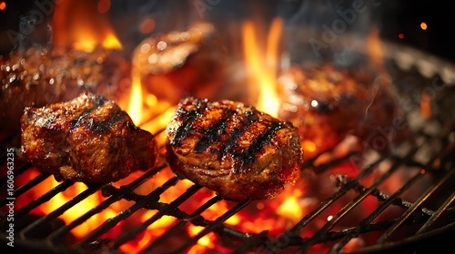 grilled meat cooking above bright red charcoal flames